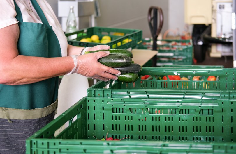 Hände packen Zucchini in eine Kiste